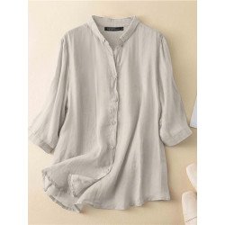 Solid Lapel 3/4 Sleeve Blouse For Women