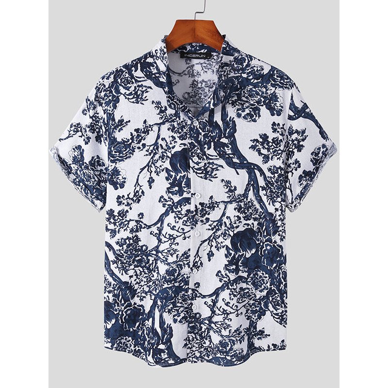 Mens Plant Print Stand Collar Shirt