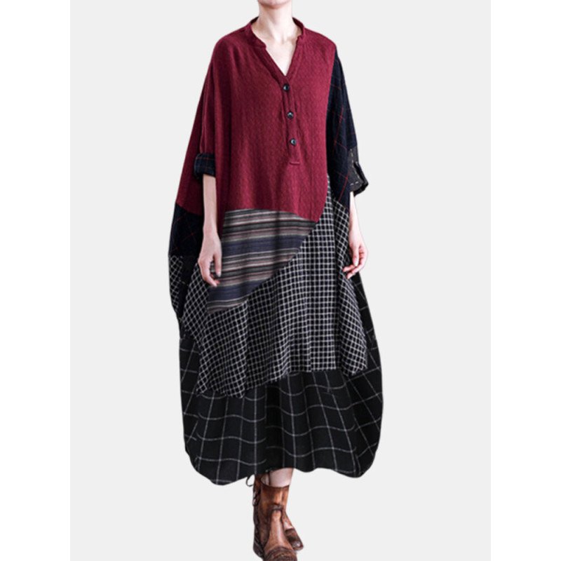 Vintage Striped Plaid Patchwork Plus Size Maxi Dress