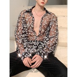 Men See Through Mesh Floral Print Shirt