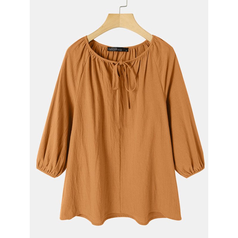 Solid Color Knotted Puff Sleeve Plus Size Blouse for Women