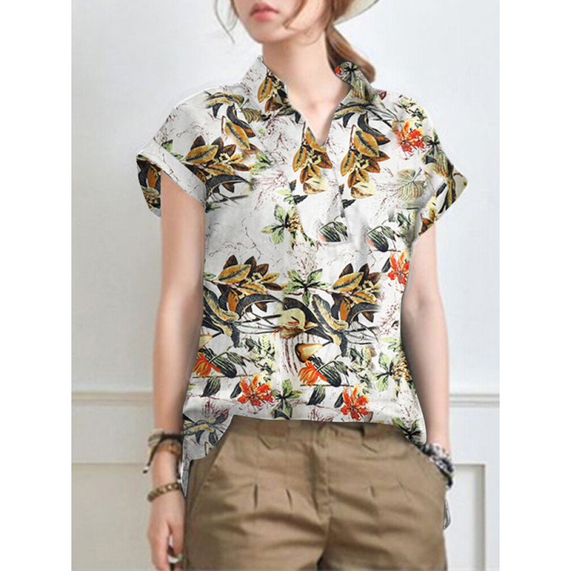 Flower Print Short Sleeve Lapel Collar Cotton Blouse