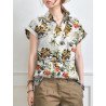 Flower Print Short Sleeve Lapel Collar Cotton Blouse