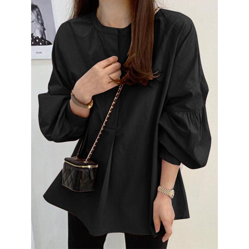 Solid Lantern Sleeve Stand Collar Casual Blouse