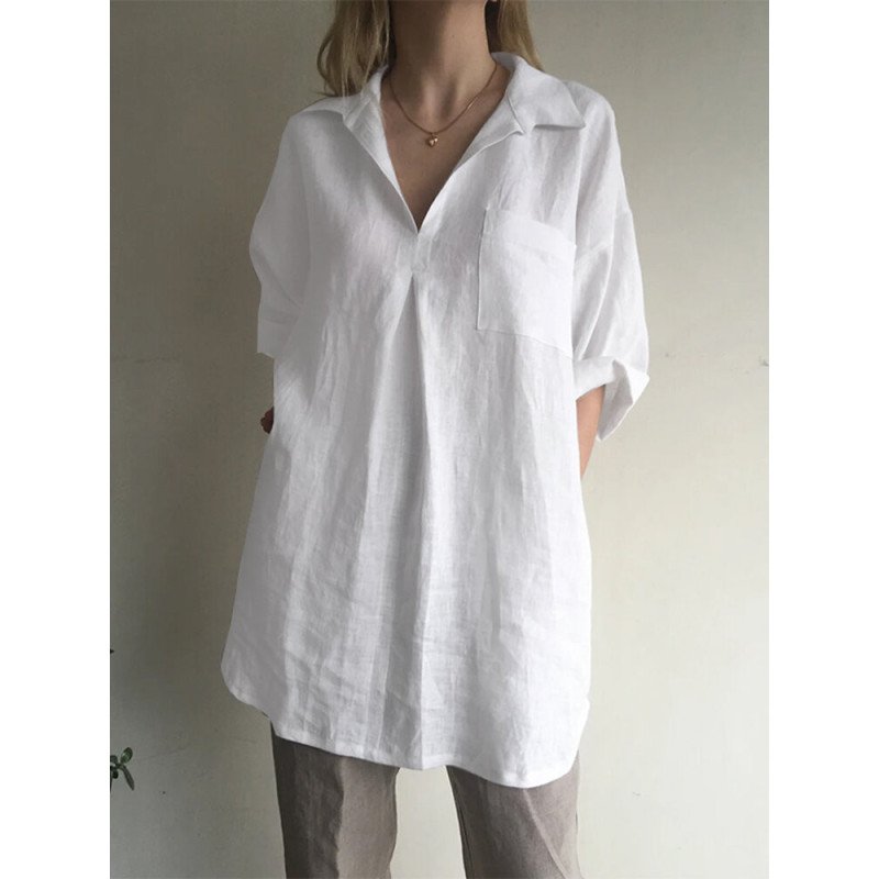 Women Plain Lapel Chest Pocket Cotton 3/4 Sleeve Longline Shirt