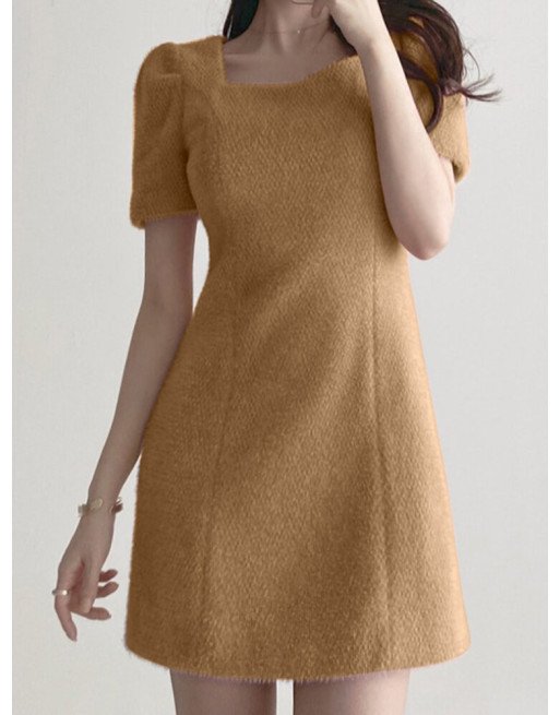 Solid A-line Square Collar Short Sleeve Casual Dress