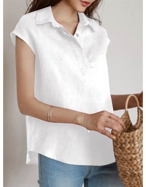 Solid Button Front Half Placket Lapel Short Sleeve Blouse