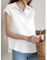 Solid Button Front Half Placket Lapel Short Sleeve Blouse