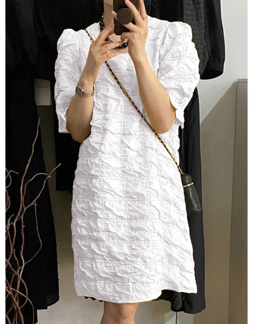 Puff Sleeve Textured Solid Crew Neck Casual Dress