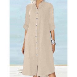 Solid Long Sleeve Button Front Stand Collar Dress