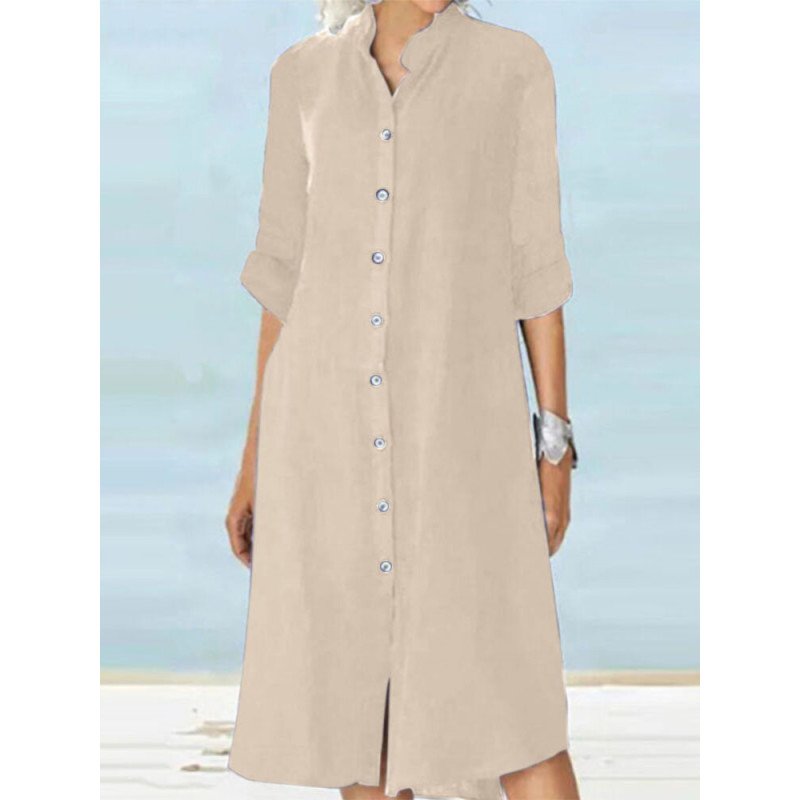 Solid Long Sleeve Button Front Stand Collar Dress