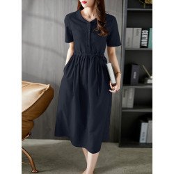 Solid Drawstring Waist Pocket Short Sleeve Vintage Dress