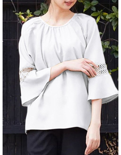 Solid Hollow Panel Bell Sleeve Crew Neck Slit Hem Blouse