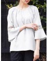 Solid Hollow Panel Bell Sleeve Crew Neck Slit Hem Blouse