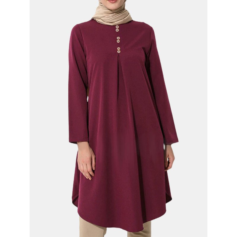 Solid Color Button Front Long Sleeve Maxi Blouse For Women