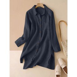 Solid Slit High-low Hem Button Front Pocket Long Shirt