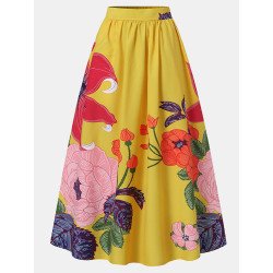 Calico Print Elastic High Waist Pocket Vintage Skirt For Women