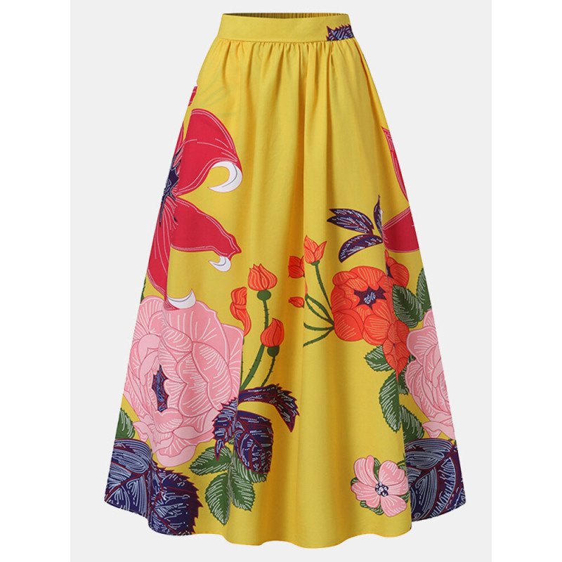 Calico Print Elastic High Waist Pocket Vintage Skirt For Women