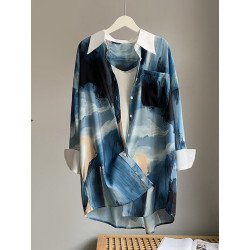 Ink Print Long Sleeve Pocket Button Front Lapel Shirt