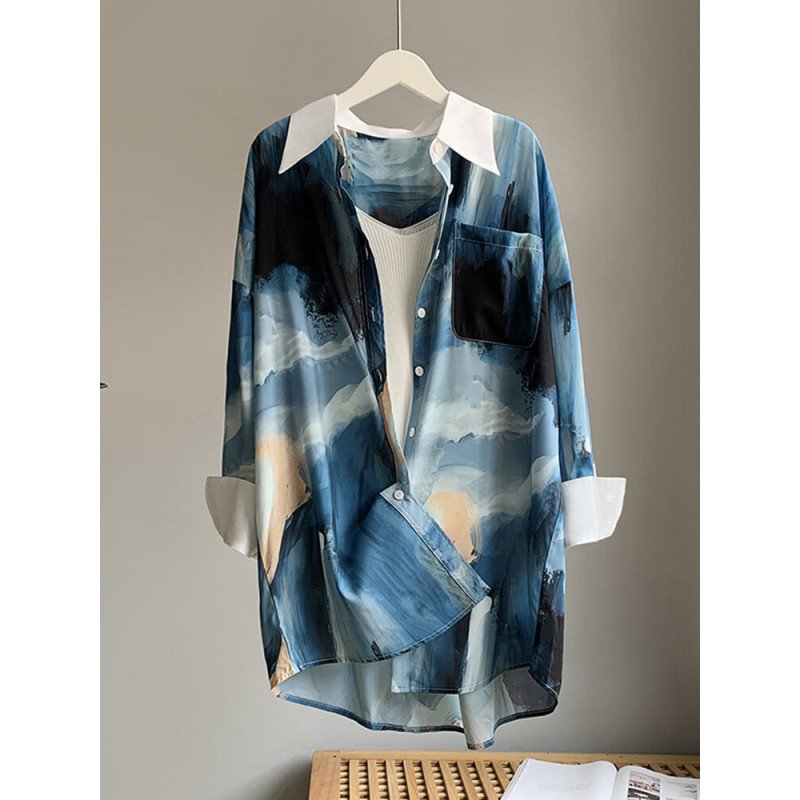 Ink Print Long Sleeve Pocket Button Front Lapel Shirt