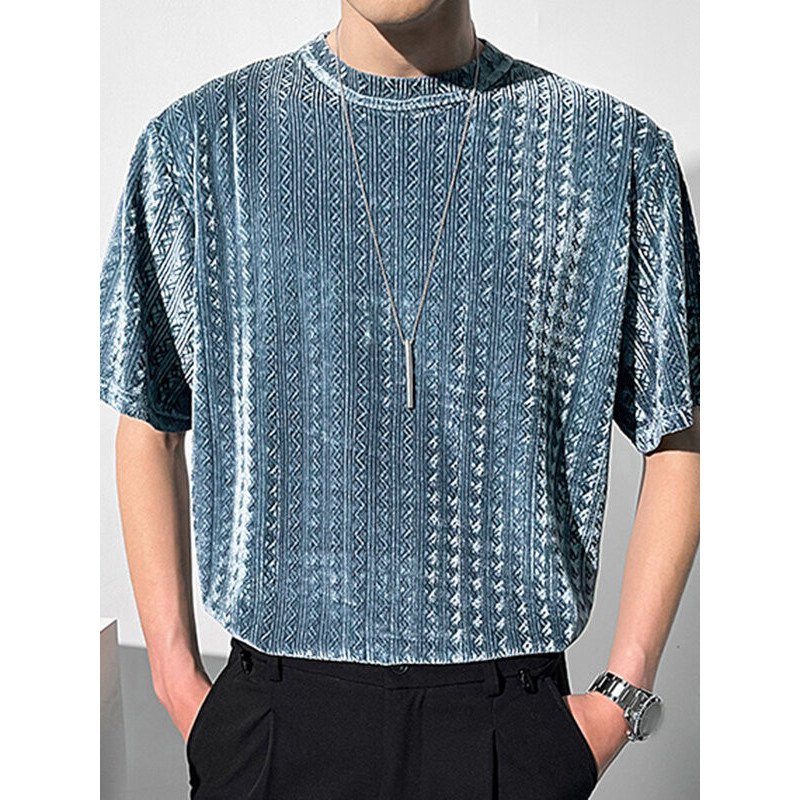 Mens Velvet Texture Crew Neck Loose Short Sleeve T-Shirt