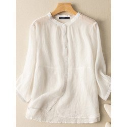 Solid Button Long Sleeve Casual Stand Collar Blouse