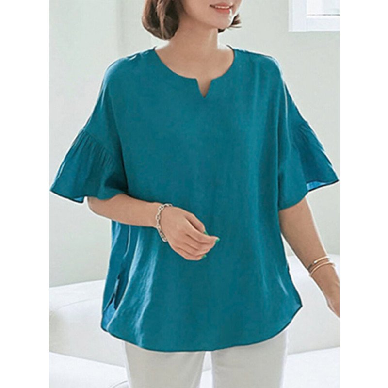 Solid Slit Ruffle Sleeve Loose Notch Neck Blouse