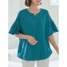 Solid Slit Ruffle Sleeve Loose Notch Neck Blouse