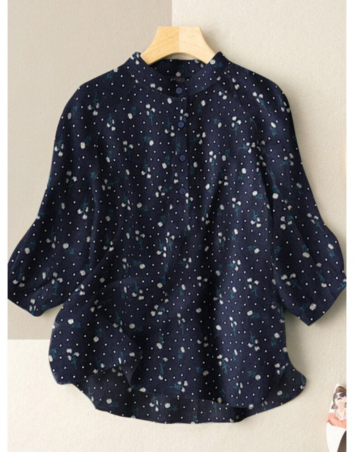 Floral Print Button Stand Collar 3/4 Sleeve Blouse For Women