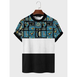 Mens Ethnic Animal Pattern Color Block Patchwork Short Sleeve T-Shirts