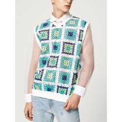 Mens Lace Hollow Out Windowpane Print Tank