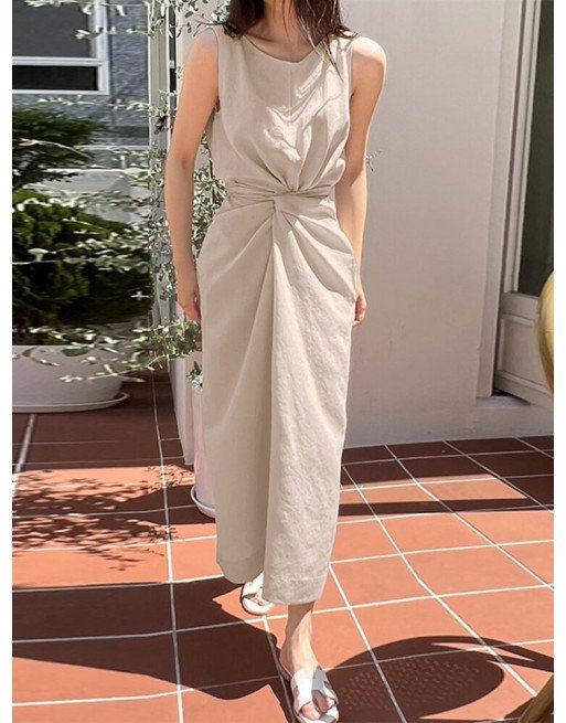 Solid Twisted Waist Slit Hem Sleeveless Maxi Dress
