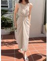 Solid Twisted Waist Slit Hem Sleeveless Maxi Dress