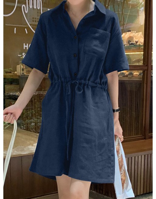 Solid Drawstring Waist Pocket Button Front Lapel Cargo Romper