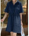 Solid Drawstring Waist Pocket Button Front Lapel Cargo Romper
