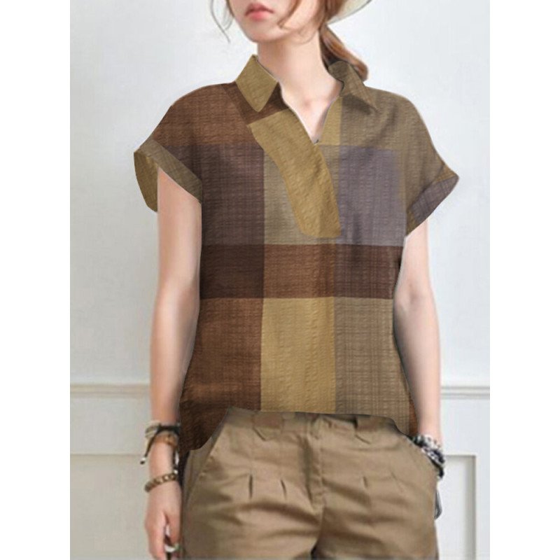 Plaid Short Sleeve Lapel Collar Blouse