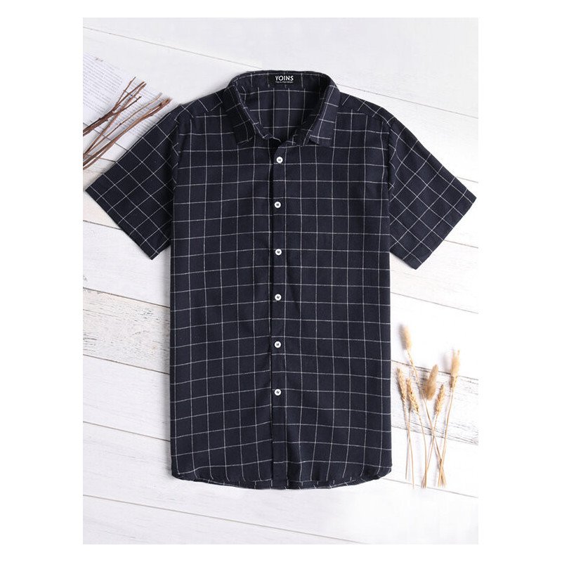 Mens Plaid Lapel Casual Short Sleeve Shirt