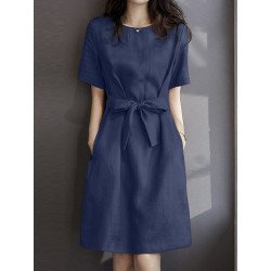 Women Solid Crew Neck Cotton Short Sleeve Belted Dress