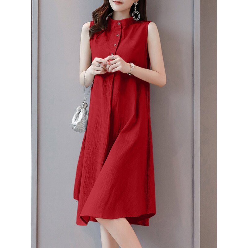 Solid Stand Collar Button Sleeveless Dress For Women