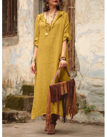 Solid Slit Hem Hooded Long Sleeve Vintage Dress