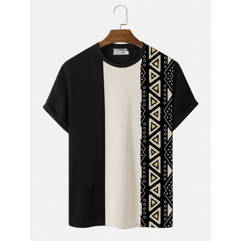 Mens Geometric Pattern Color Block Patchwork Knit Short Sleeve T-Shirts