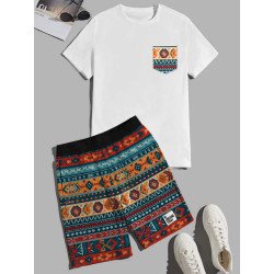 Mens Colorful Geometric Print Crew Neck Ethnic Two Pieces Outfits