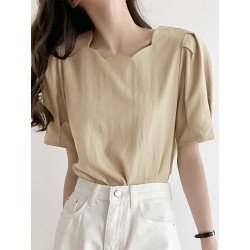 Solid Short Sleeve Wavy Neckline Blouse For Women