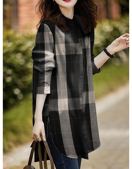 Check Pattern Long Sleeve Slit Hem Casual Blouse