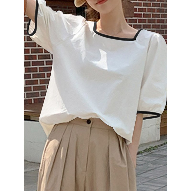 Contrast Puff Sleeve Casual Square Collar Women Blouse