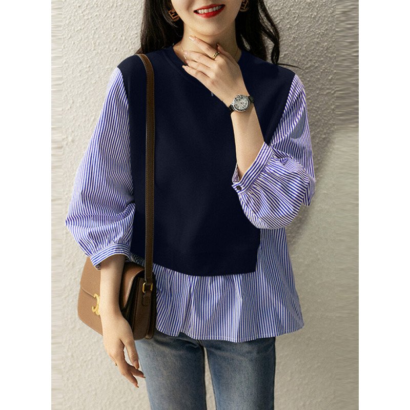 Stripe Patchwork Puff Sleeve Crew Neck Casual Blouse