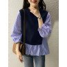 Stripe Patchwork Puff Sleeve Crew Neck Casual Blouse