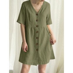 Cotton Solid Button Short Sleeve V-neck Casual Dress