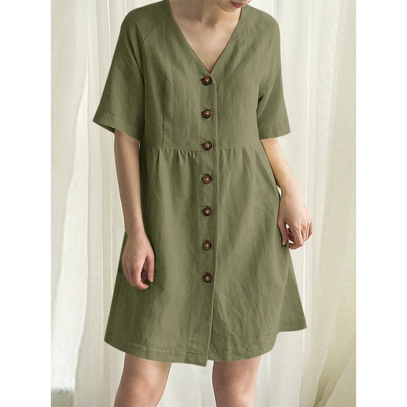 Cotton Solid Button Short Sleeve V-neck Casual Dress
