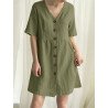 Cotton Solid Button Short Sleeve V-neck Casual Dress